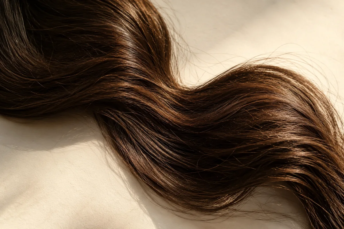 Una curva di capelli castani con riflessi ramati su carta color avorio.